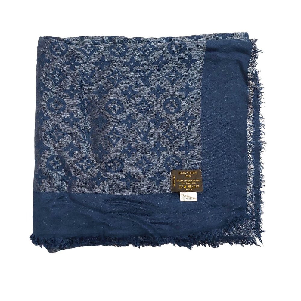 LOUIS VUITTON Vintage Iridescent Midnight Blue Silver Silk Wool Scarf Shawl Wrap - Picture 9 of 10